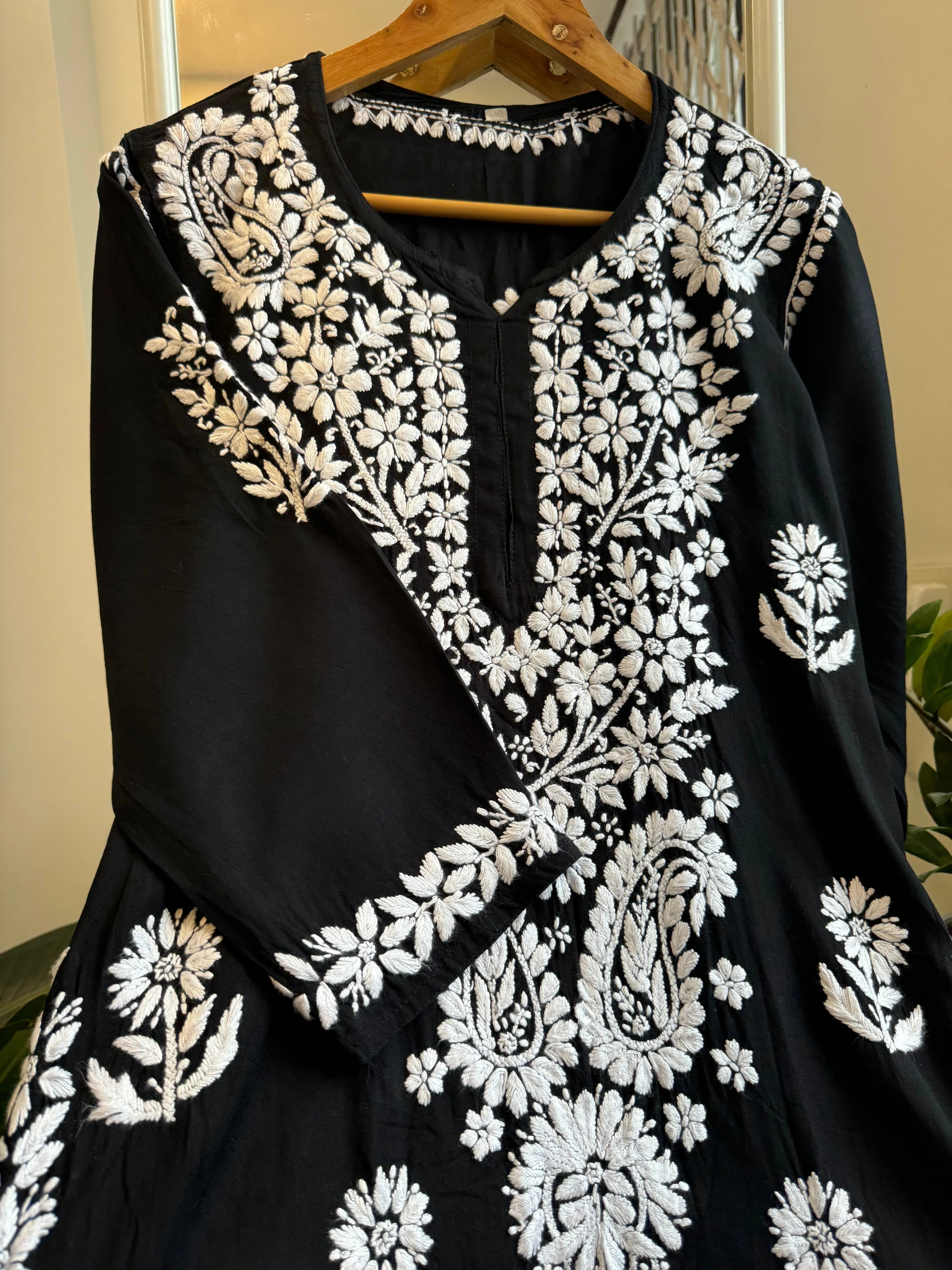 Modal Cotton Kurti Plazzo Set - Black ARIAA CHIKANKARI 