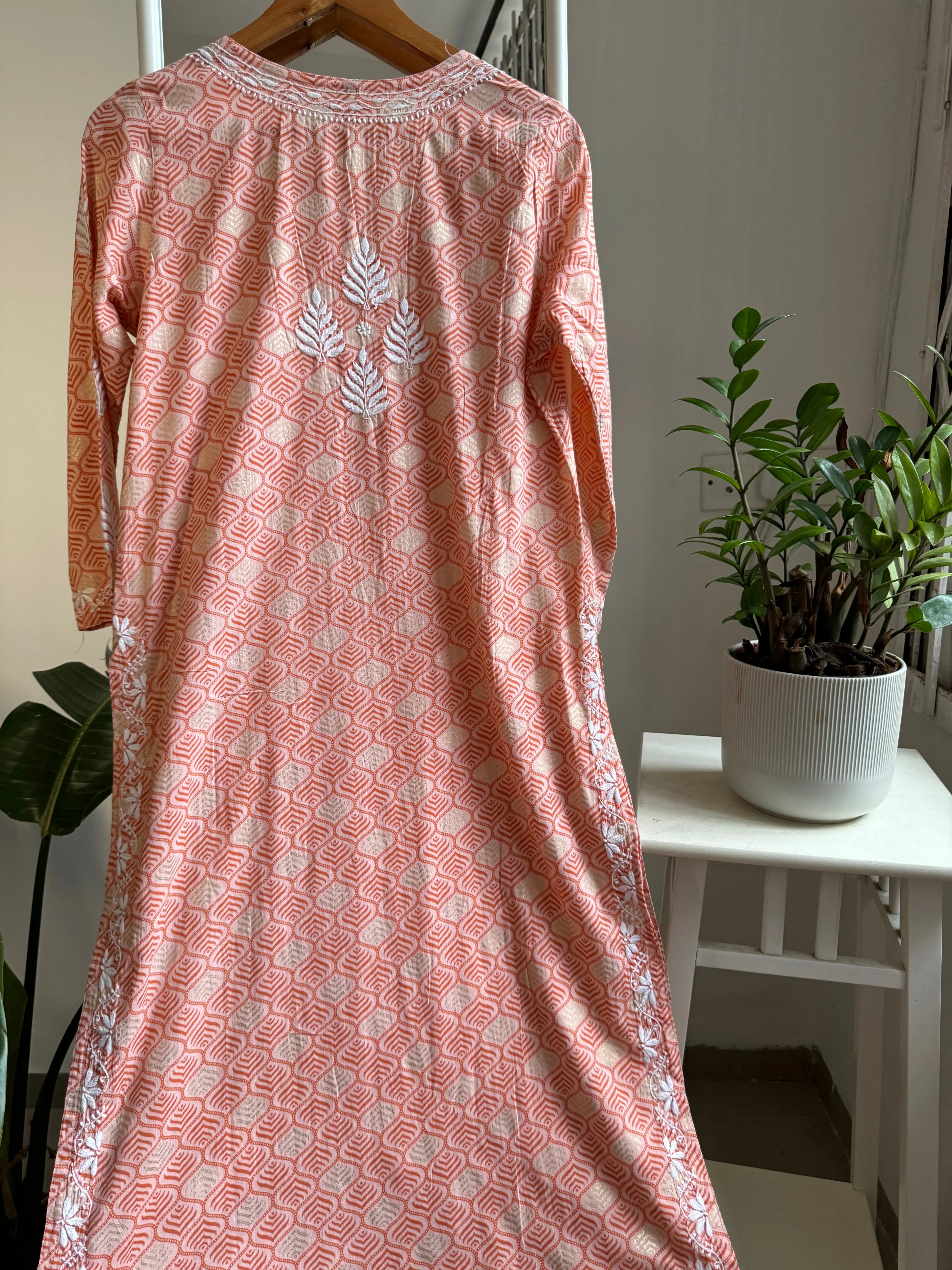 Mul Cotton Printed Chikankari Kurti - Peach ARIAA CHIKANKARI 