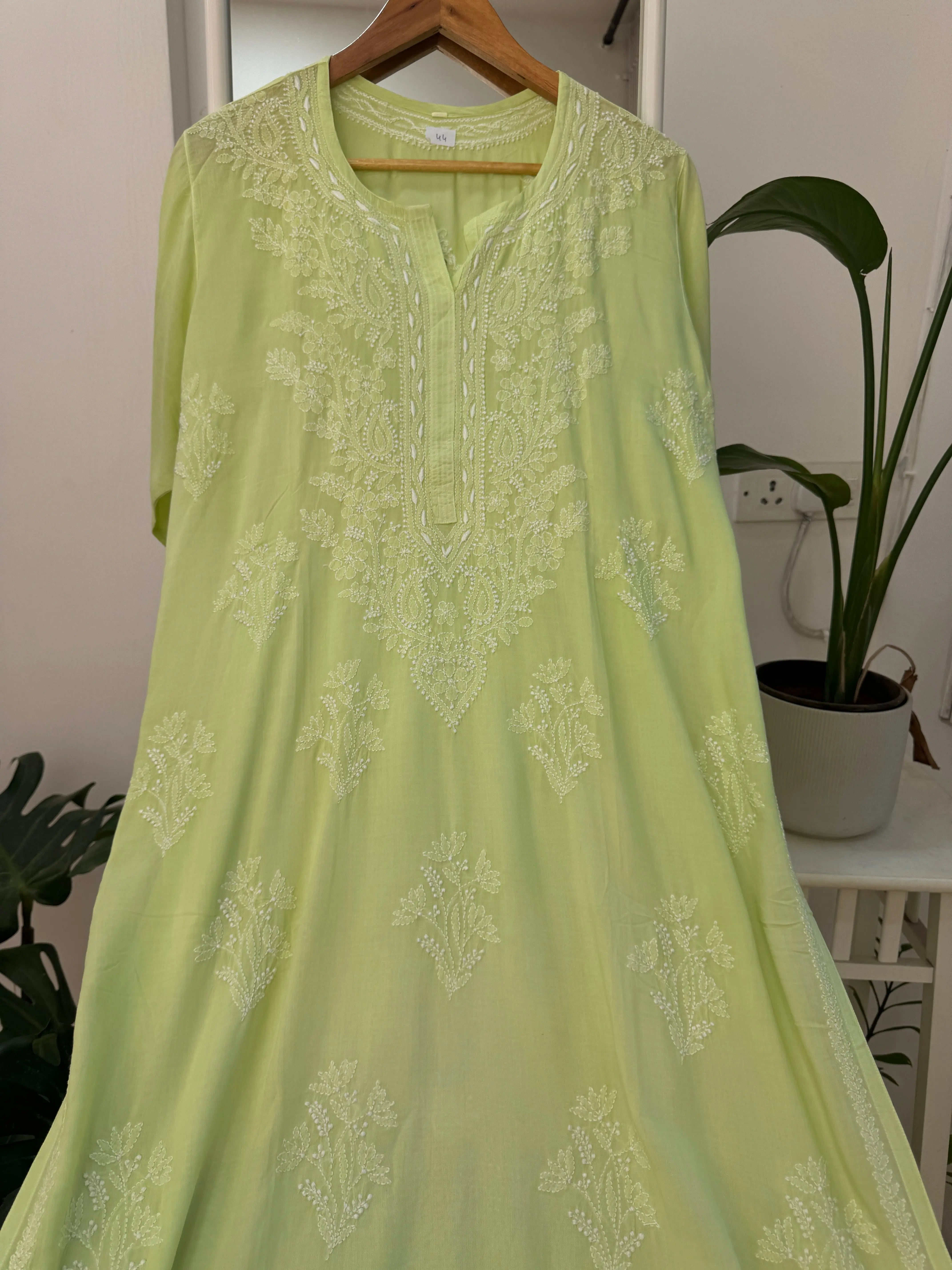 Premium Modal Chikankari Cotton Kurti - Apple Green -Noor Collection ARIAA CHIKANKARI 