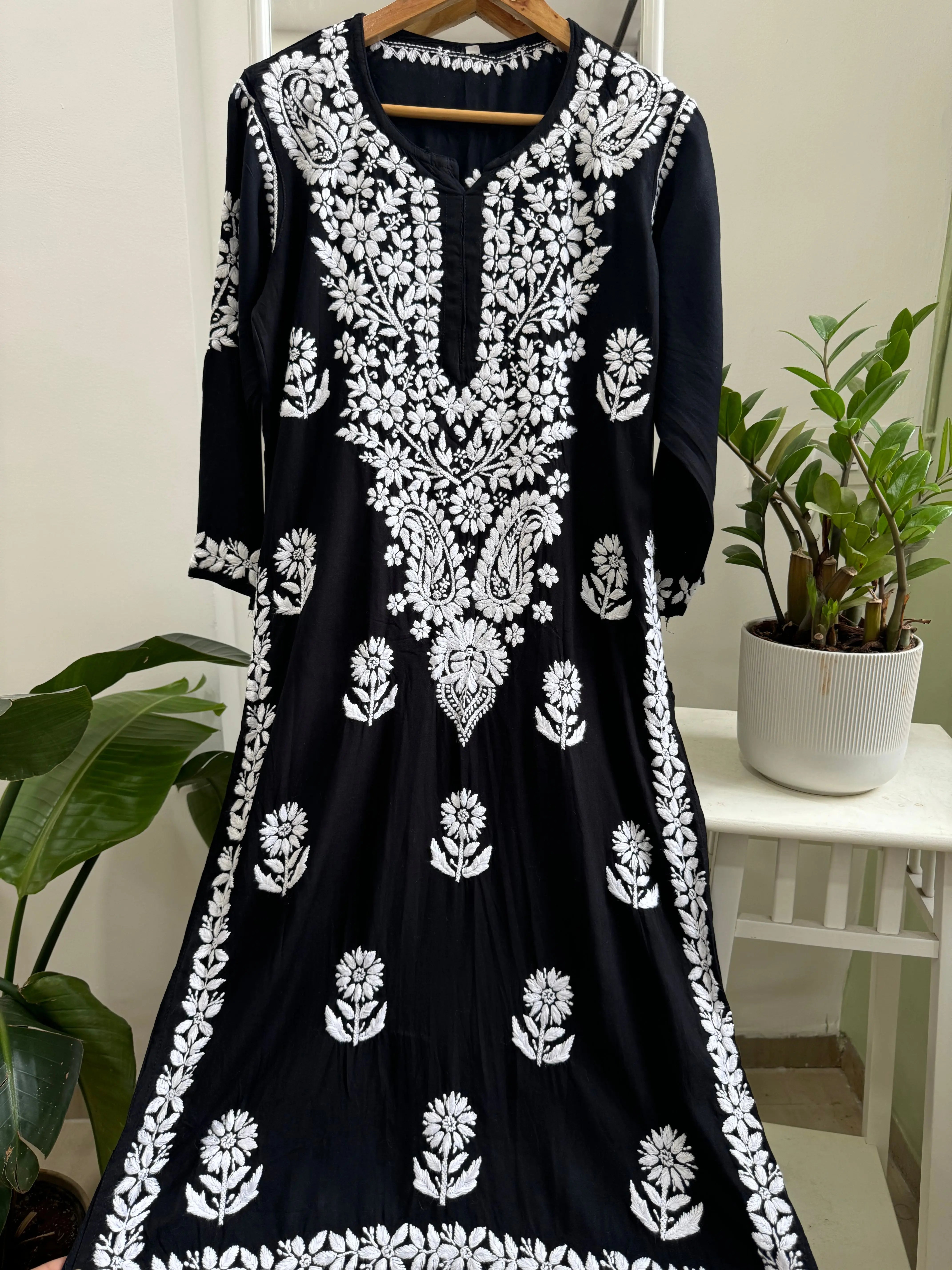 Modal Cotton Kurti Plazzo Set - Black ARIAA CHIKANKARI 