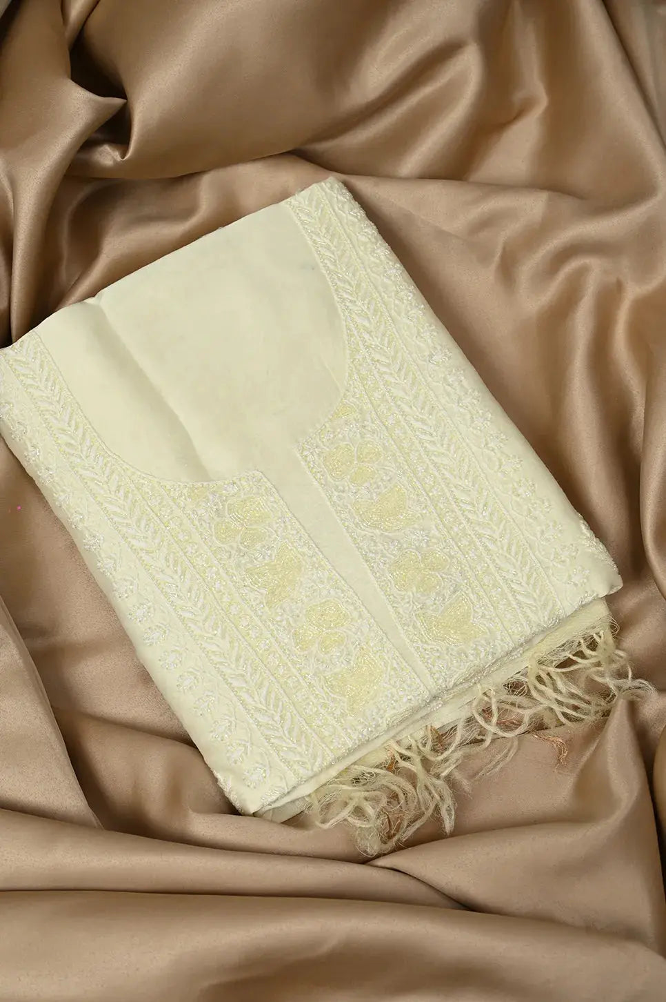 Mul Chanderi Length with Dupatta (with Pearl) - Light Yellow - Lucknawi Chikankari