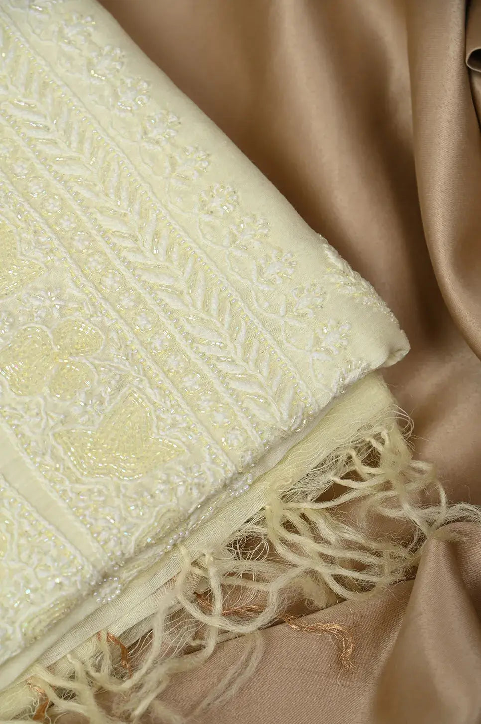 Mul Chanderi Length with Dupatta (with Pearl) - Light Yellow - Lucknawi Chikankari