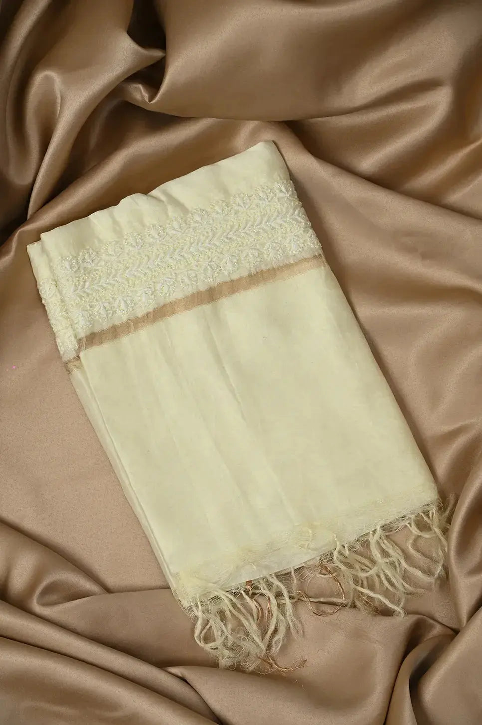 Mul Chanderi Length with Dupatta (with Pearl) - Light Yellow - Lucknawi Chikankari