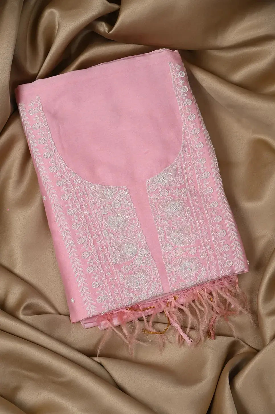 Chanderi Length with Dupatta - Dark Pink - Lucknawi Chikankari