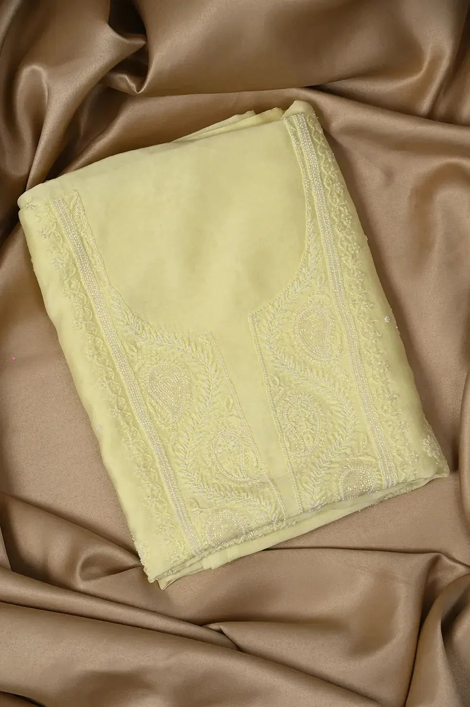 Chanderi Length with Dupatta - Lemon Yellow - Lucknawi Chikankari