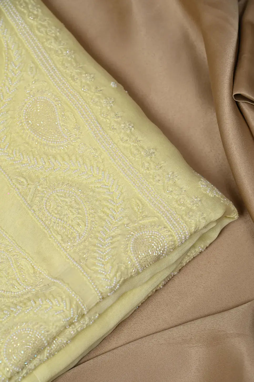 Chanderi Length with Dupatta - Lemon Yellow - Lucknawi Chikankari