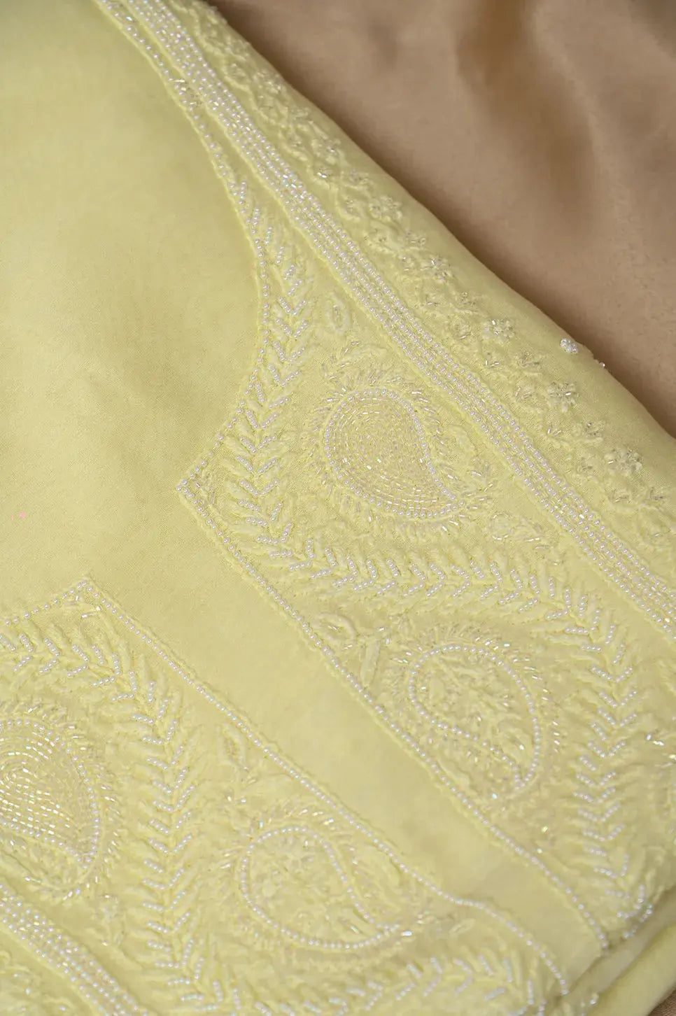 Chanderi Length with Dupatta - Lemon Yellow - Lucknawi Chikankari