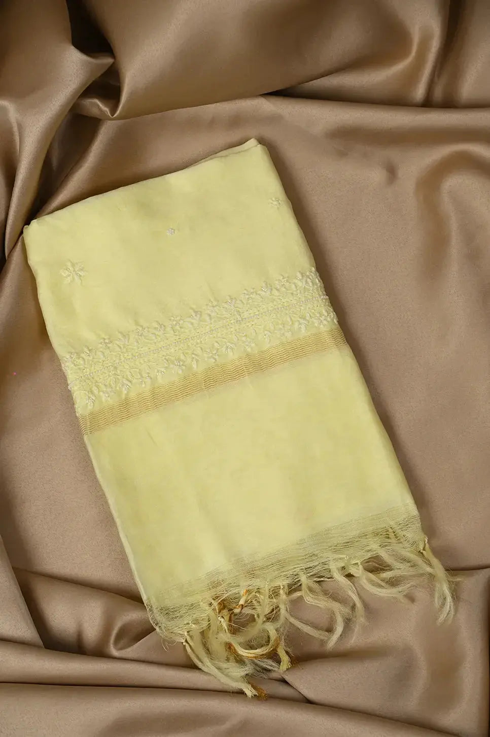 Chanderi Length with Dupatta - Lemon Yellow - Lucknawi Chikankari