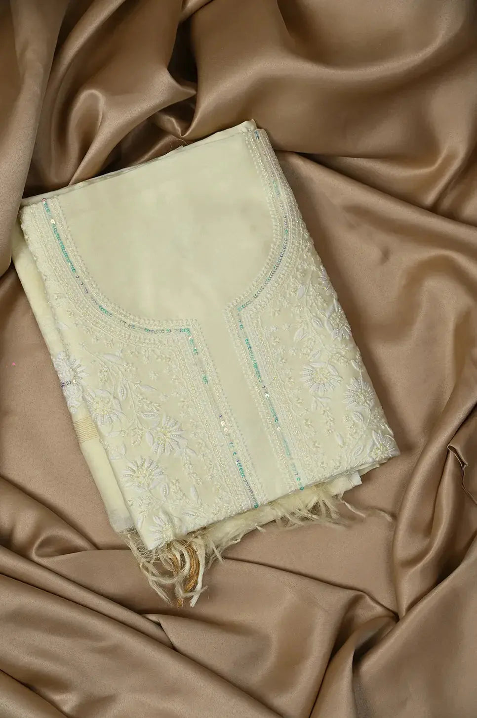 Mul Chanderi Length with Dupatta (with Pearl) - Cream Yellow - Lucknawi Chikankari