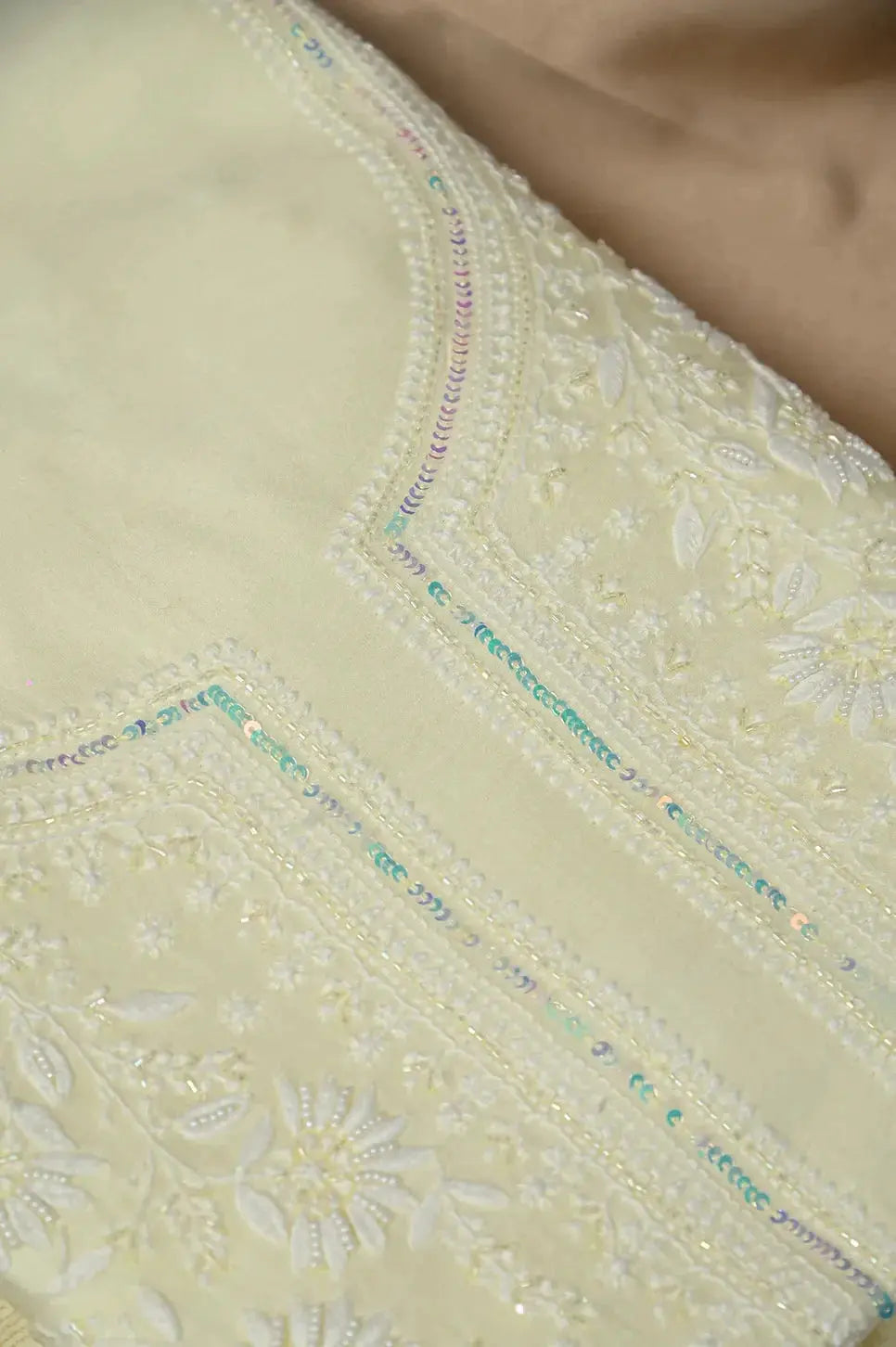 Mul Chanderi Length with Dupatta (with Pearl) - Cream Yellow - Lucknawi Chikankari