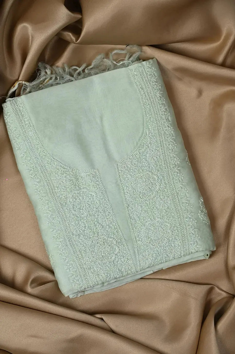 Mul Chanderi Length with Dupatta (with Pearl) - Sage Green - Lucknawi Chikankari