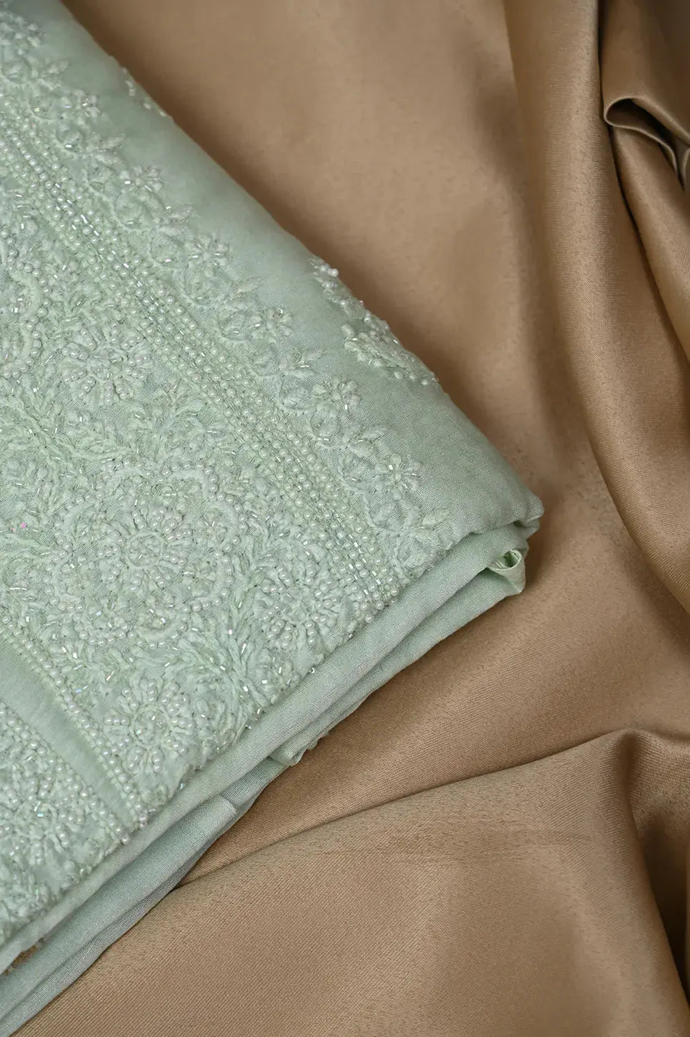 Mul Chanderi Length with Dupatta (with Pearl) - Sage Green - Lucknawi Chikankari