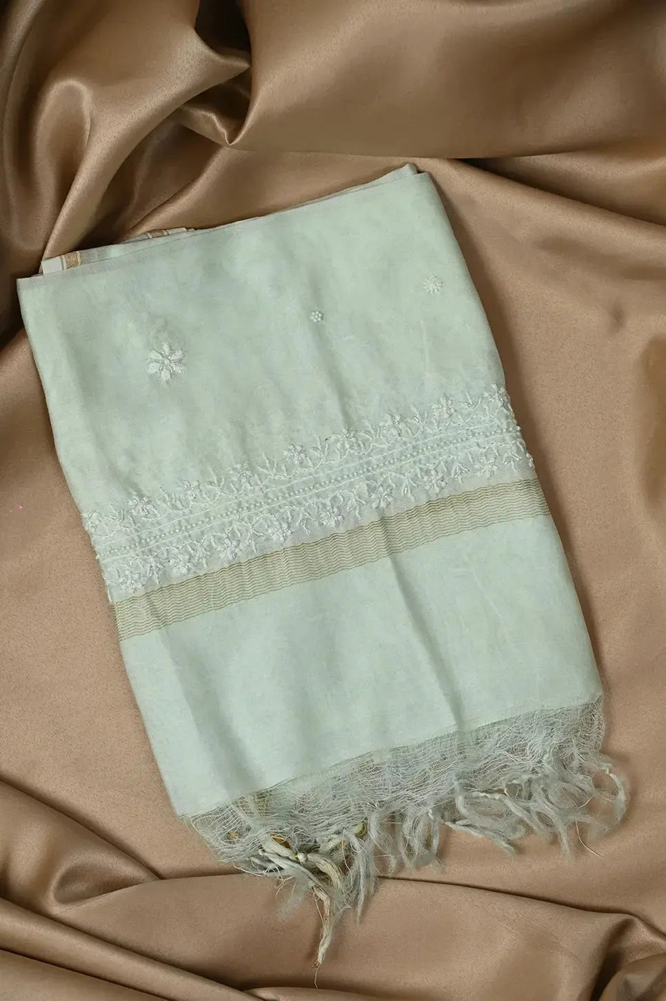 Mul Chanderi Length with Dupatta (with Pearl) - Sage Green - Lucknawi Chikankari