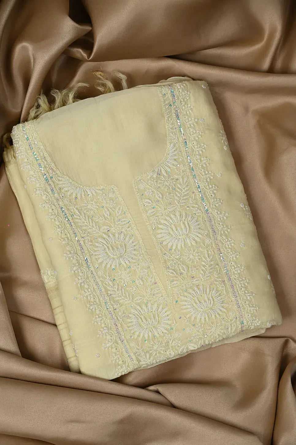 Mul Chanderi Length with Dupatta (with Pearl) - Lemon Yellow - Lucknawi Chikankari