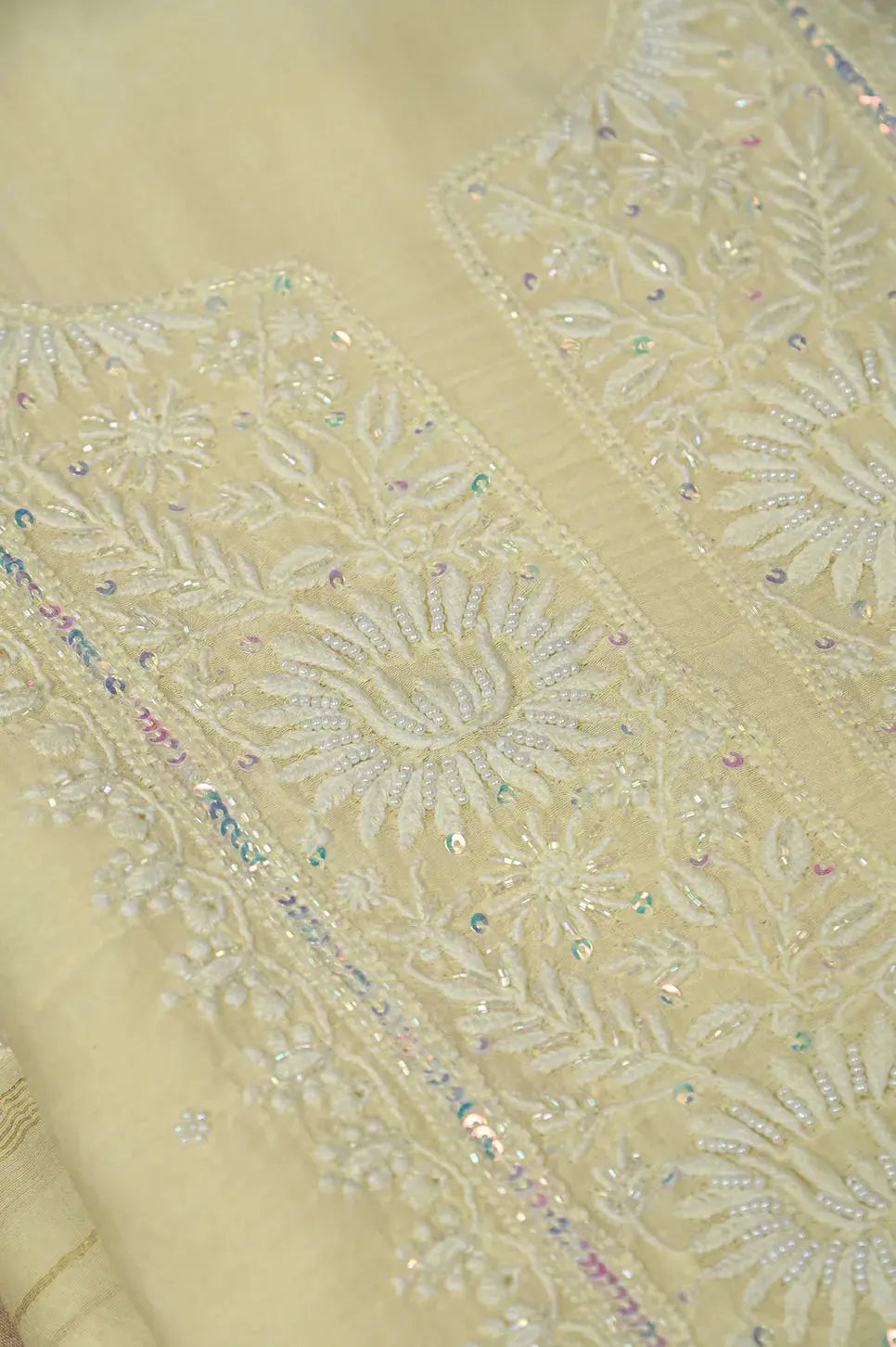 Mul Chanderi Length with Dupatta (with Pearl) - Lemon Yellow - Lucknawi Chikankari