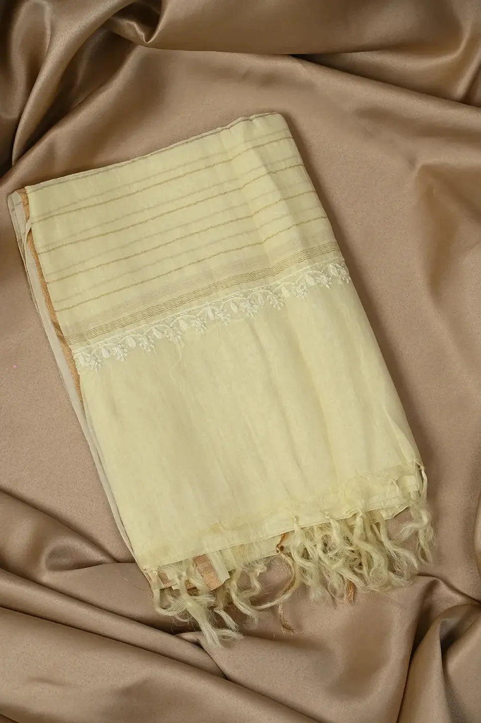 Mul Chanderi Length with Dupatta (with Pearl) - Lemon Yellow - Lucknawi Chikankari