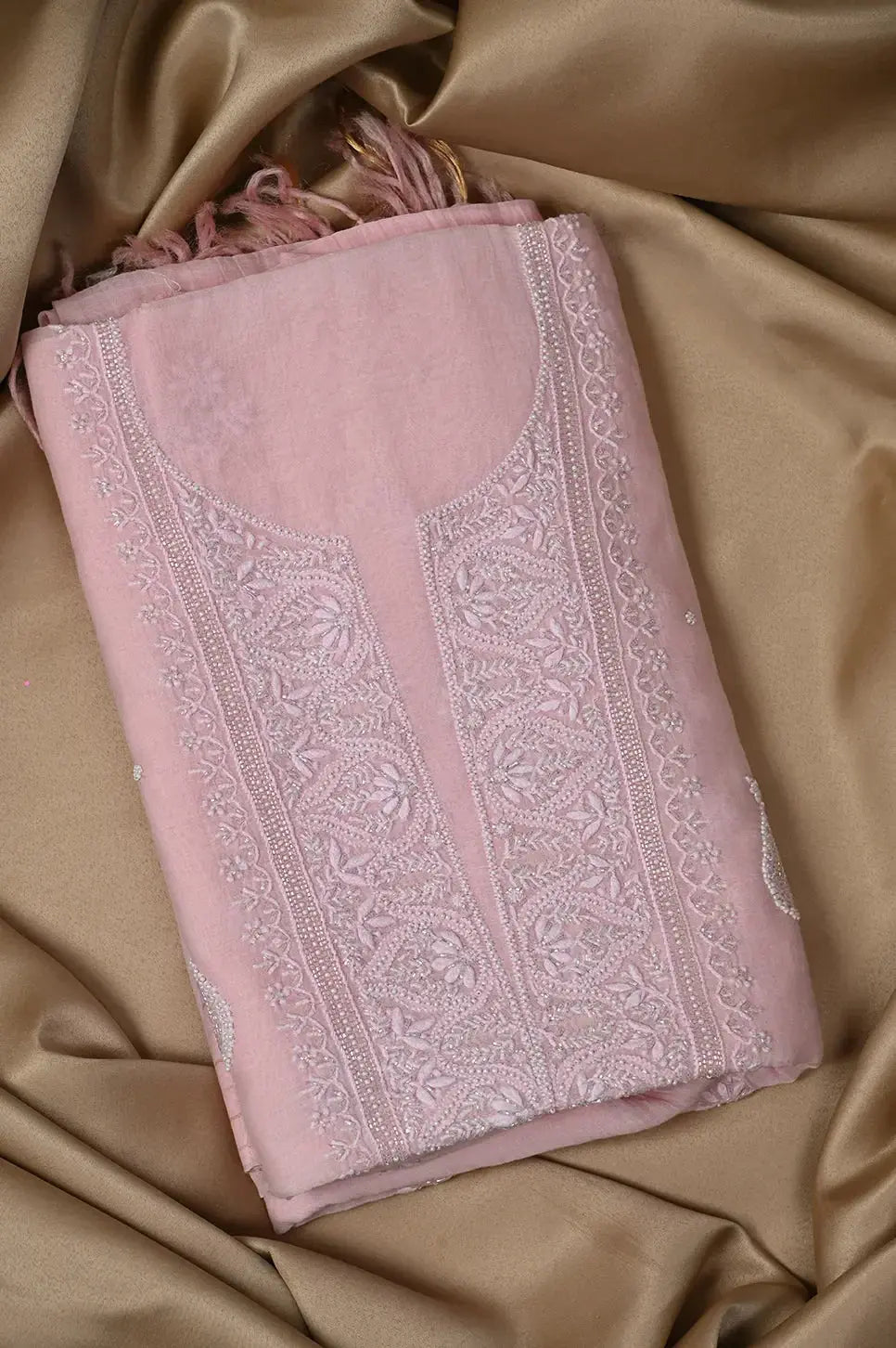 Mul Chanderi Length with Dupatta (with Pearl) - Baby Pink - Lucknawi Chikankari