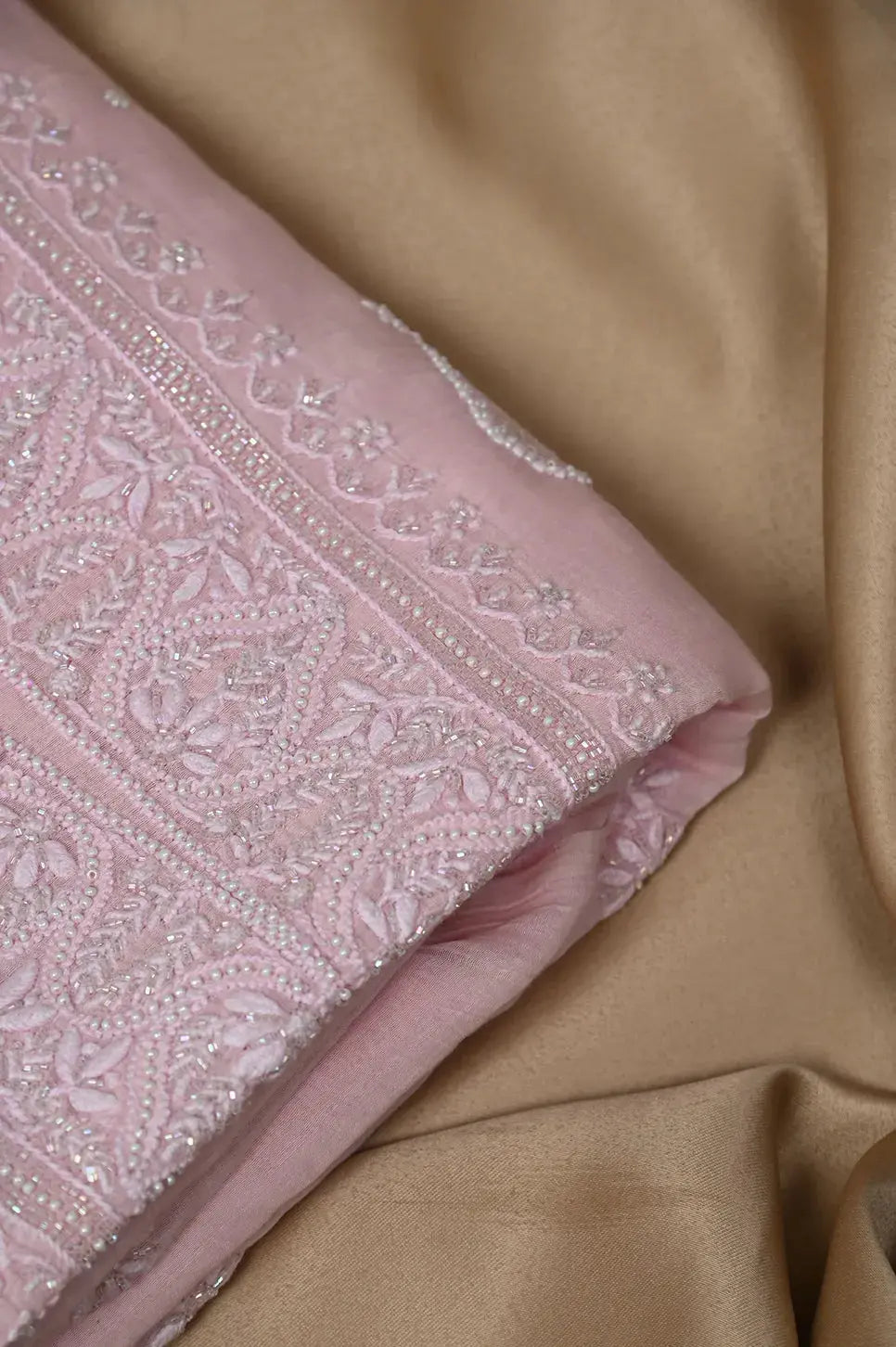 Mul Chanderi Length with Dupatta (with Pearl) - Baby Pink - Lucknawi Chikankari