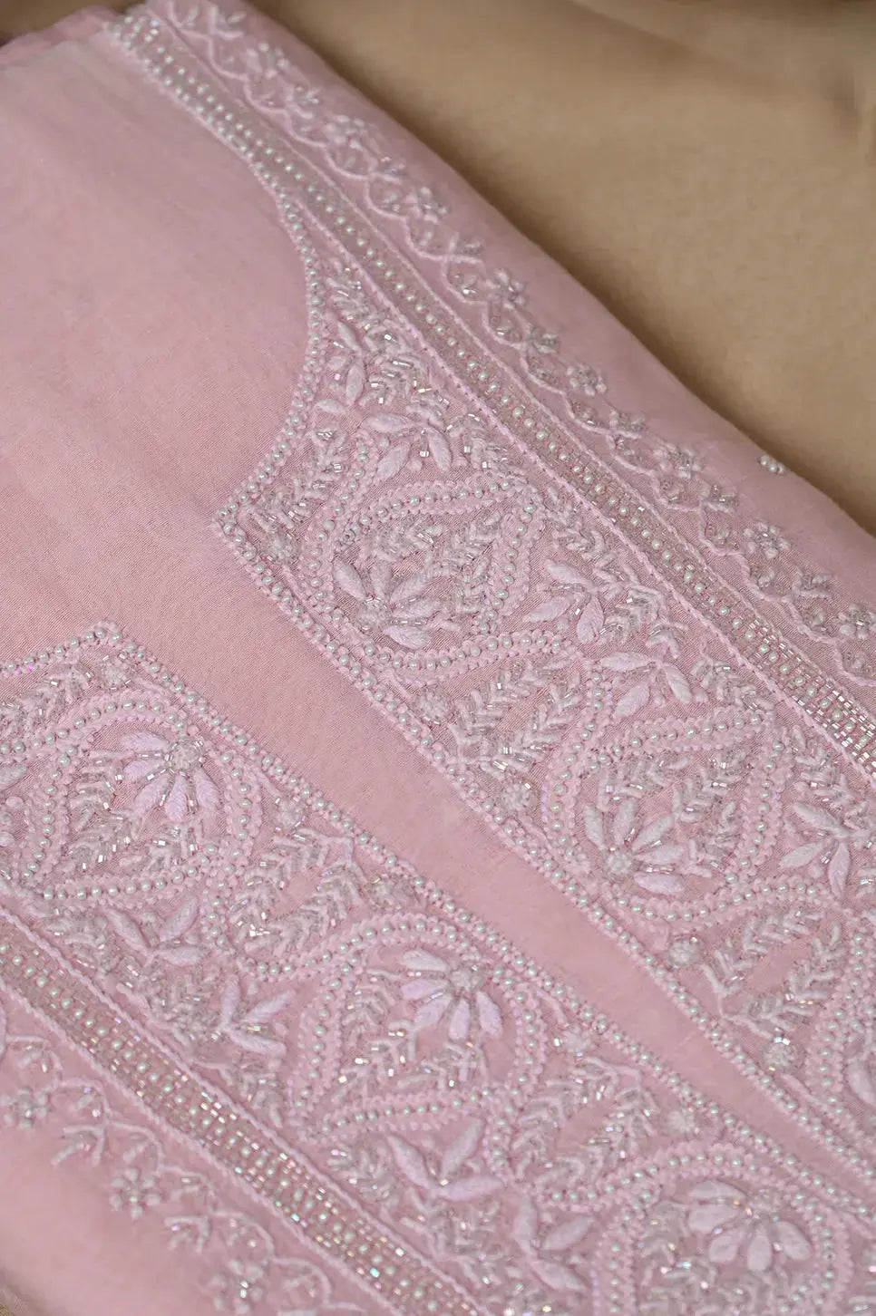 Mul Chanderi Length with Dupatta (with Pearl) - Baby Pink - Lucknawi Chikankari