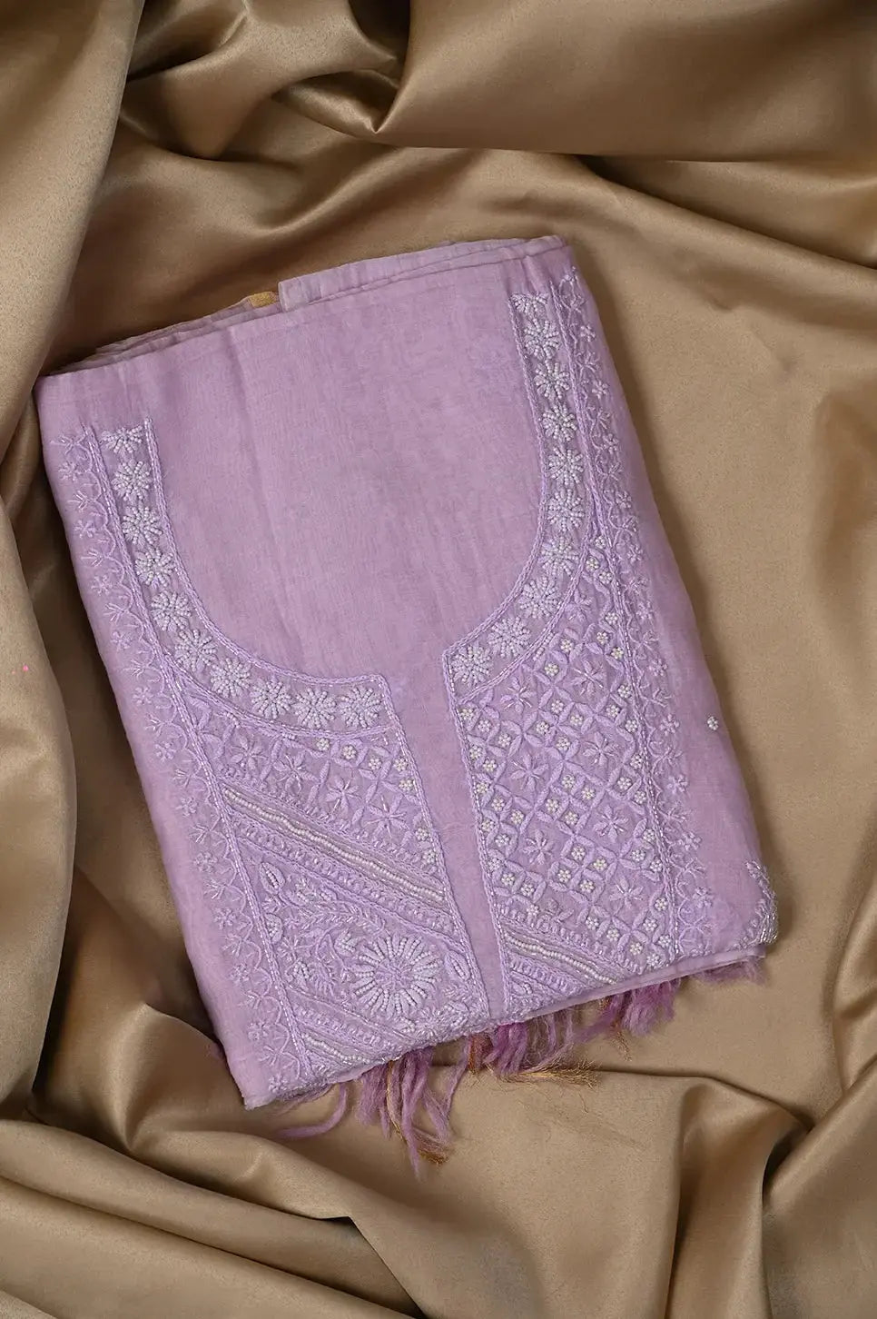 Mul Chanderi Length with Dupatta (with Pearl) - Lilac - Lucknawi Chikankari