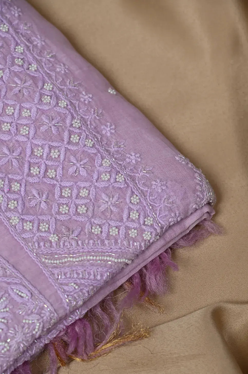 Mul Chanderi Length with Dupatta (with Pearl) - Lilac - Lucknawi Chikankari