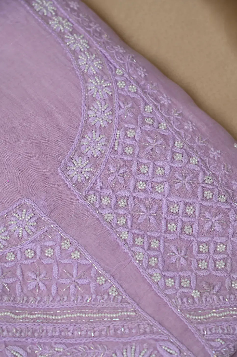 Mul Chanderi Length with Dupatta (with Pearl) - Lilac - Lucknawi Chikankari