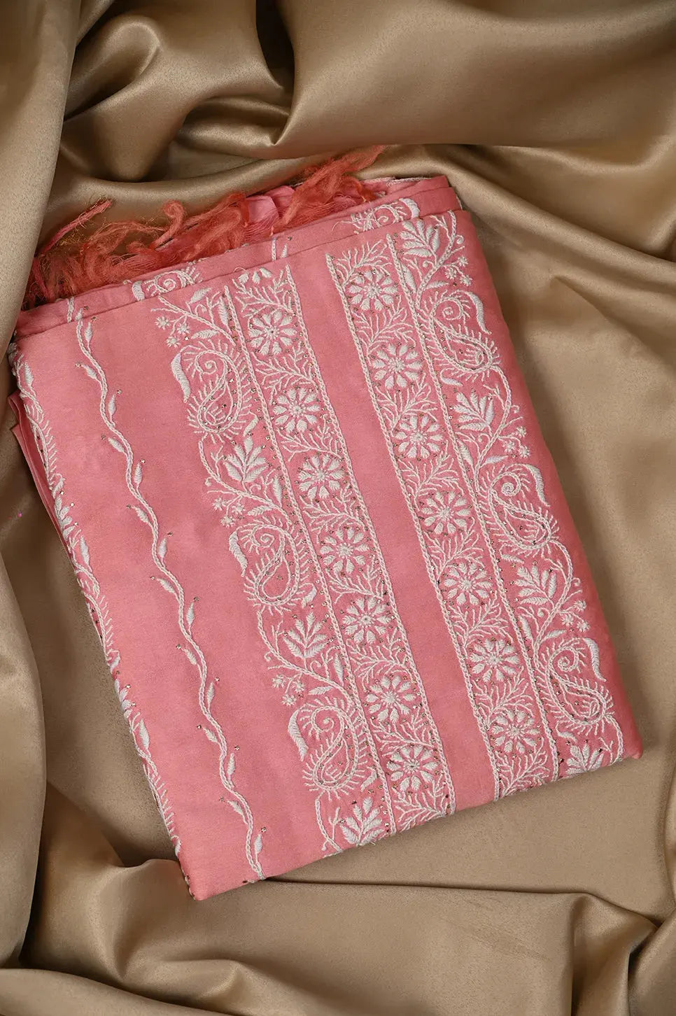 Chanderi Length Mukaish with Dupatta - Rosewood 2 - Lucknawi Chikankari