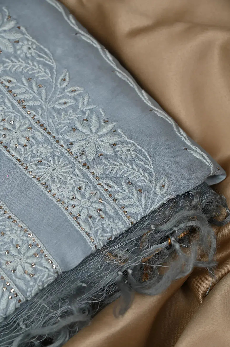 Chanderi Length Mukaish with Dupatta - Grey - Lucknawi Chikankari