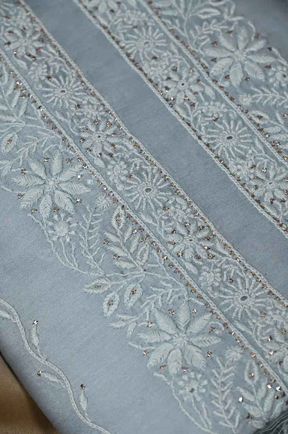 Chanderi Length Mukaish with Dupatta - Grey - Lucknawi Chikankari