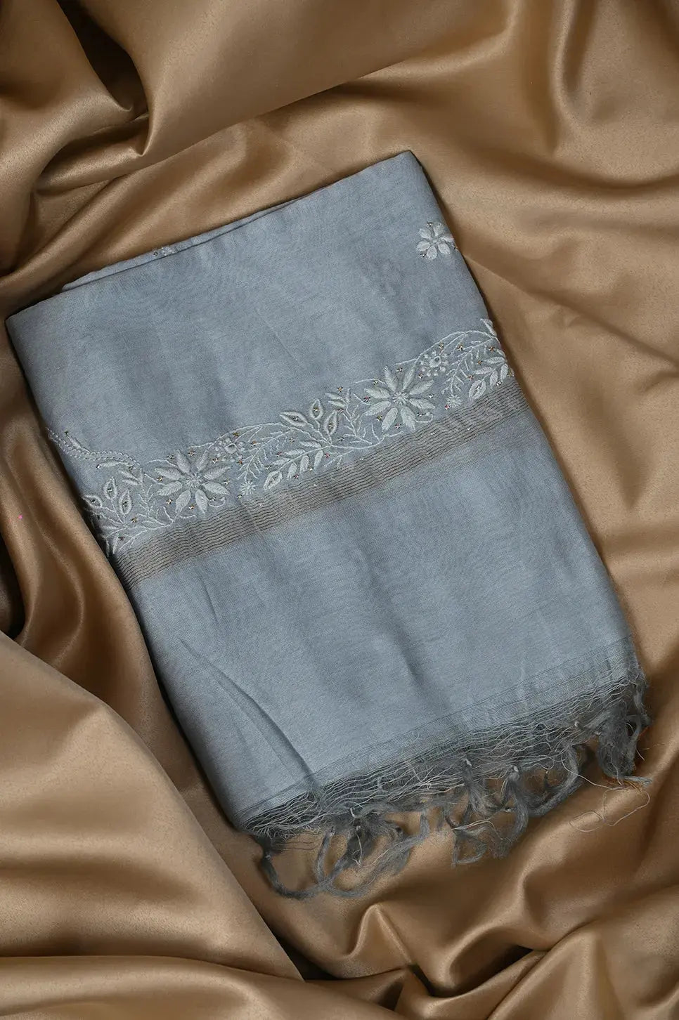 Chanderi Length Mukaish with Dupatta - Grey - Lucknawi Chikankari