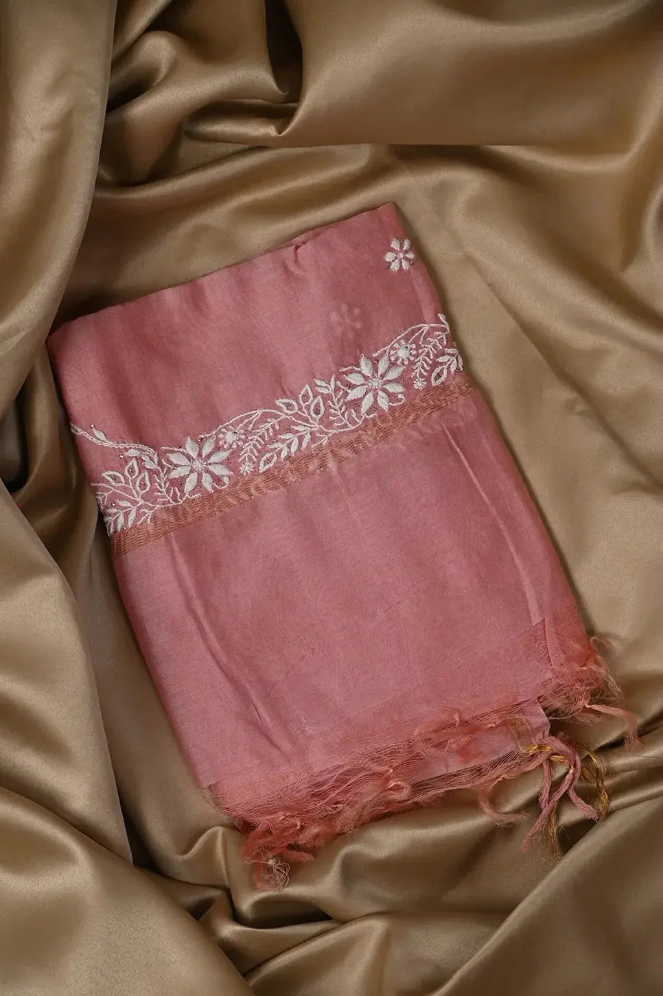 Chanderi Length Mukaish with Dupatta - Rosewood - Lucknawi Chikankari