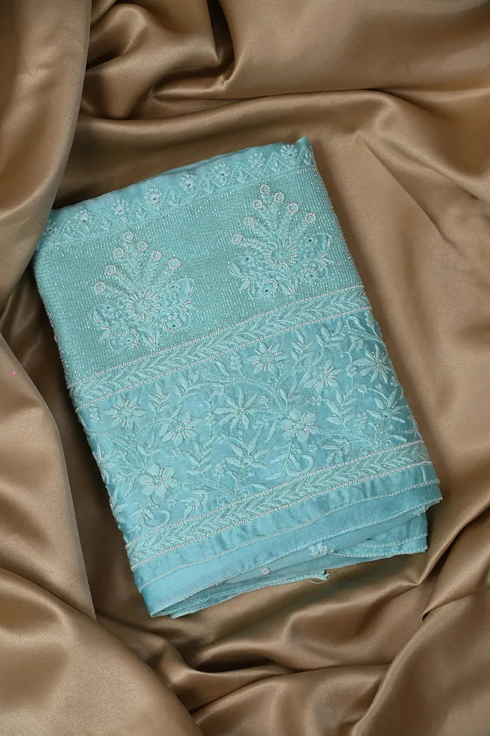 Chanderi Length with Dupatta - Firozi Blue - Lucknawi Chikankari