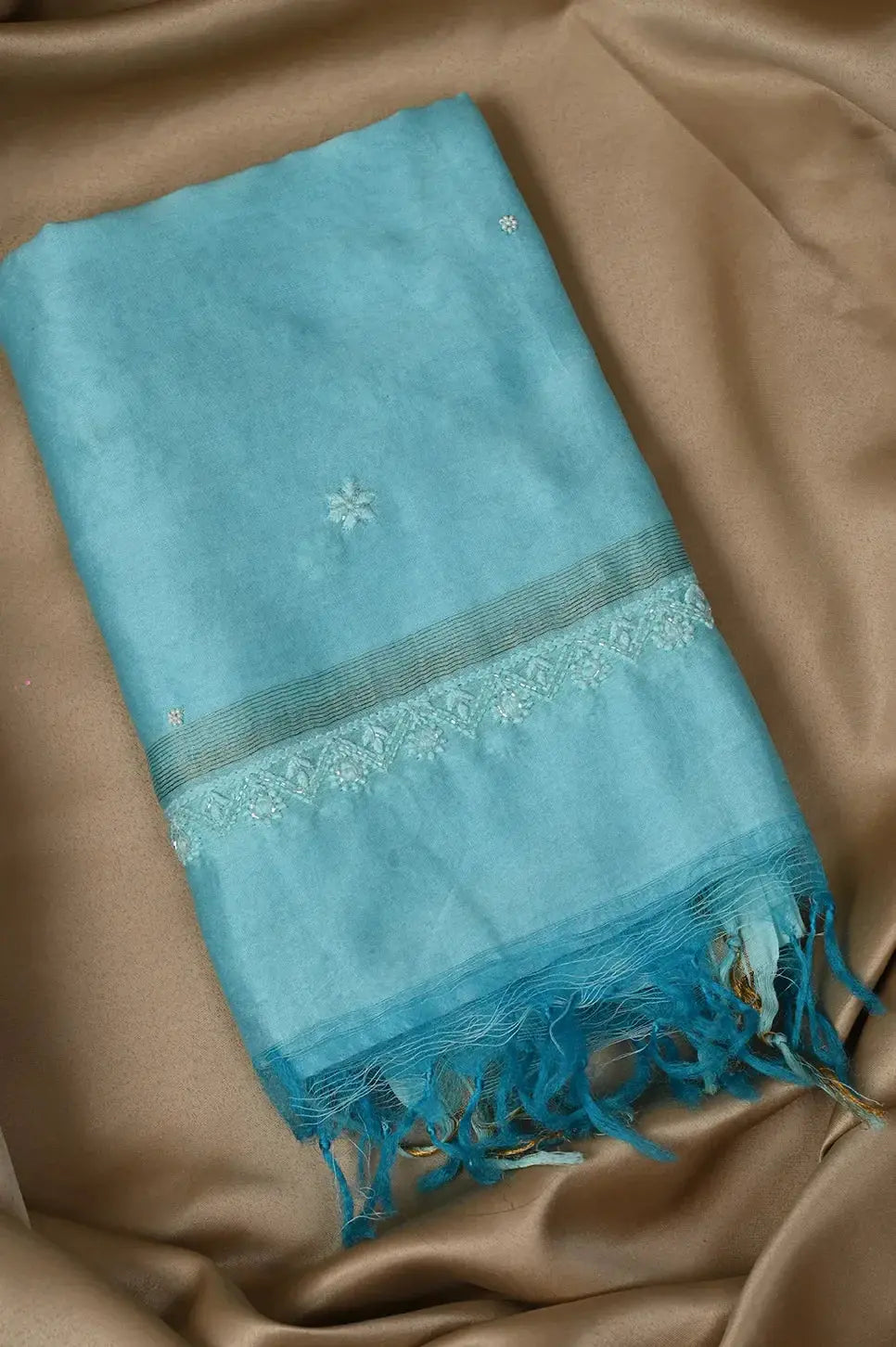 Chanderi Length with Dupatta - Firozi Blue - Lucknawi Chikankari