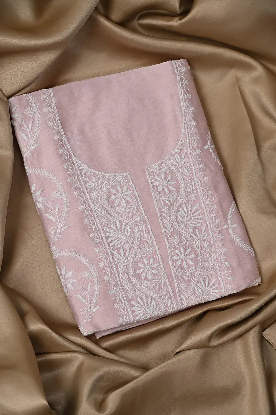 Chanderi Length with Dupatta - Pale Pink - Lucknawi Chikankari