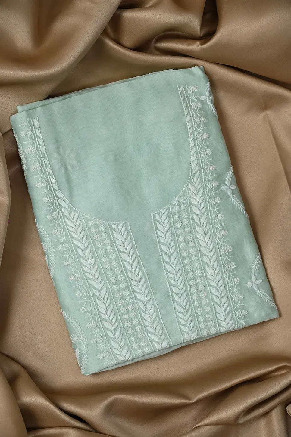 Chanderi Length with Dupatta - Cyan Green - Lucknawi Chikankari