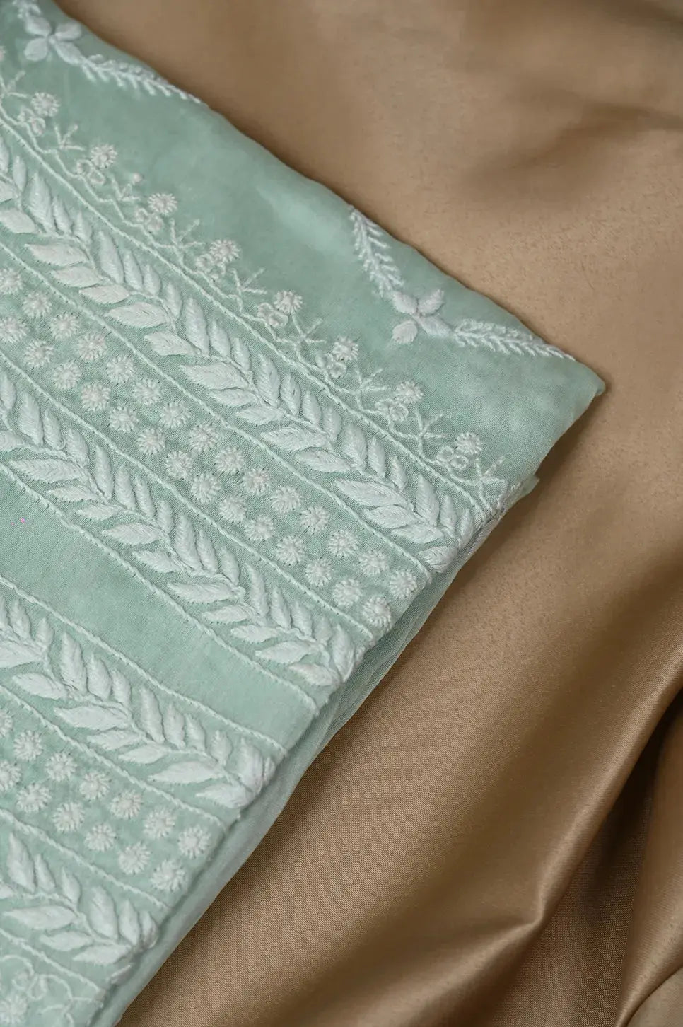 Chanderi Length with Dupatta - Cyan Green - Lucknawi Chikankari