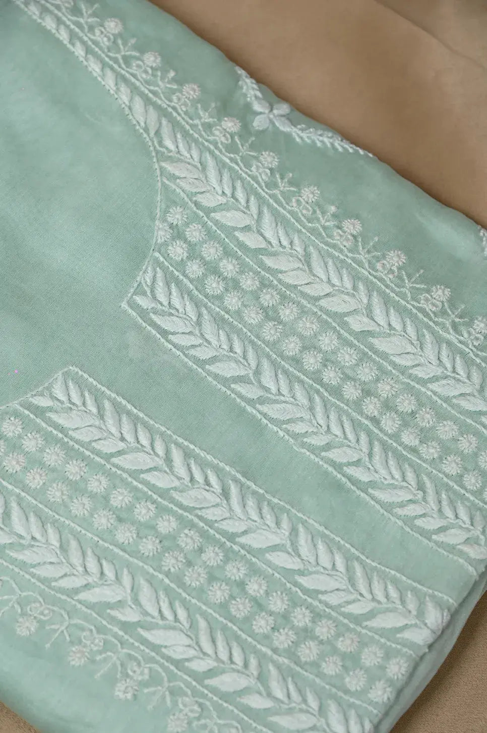 Chanderi Length with Dupatta - Cyan Green - Lucknawi Chikankari