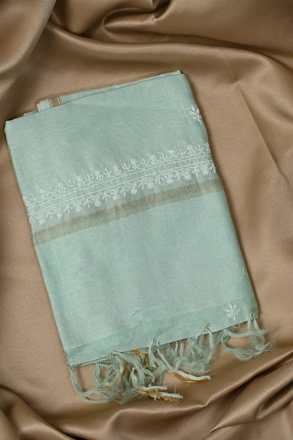 Chanderi Length with Dupatta - Cyan Green - Lucknawi Chikankari