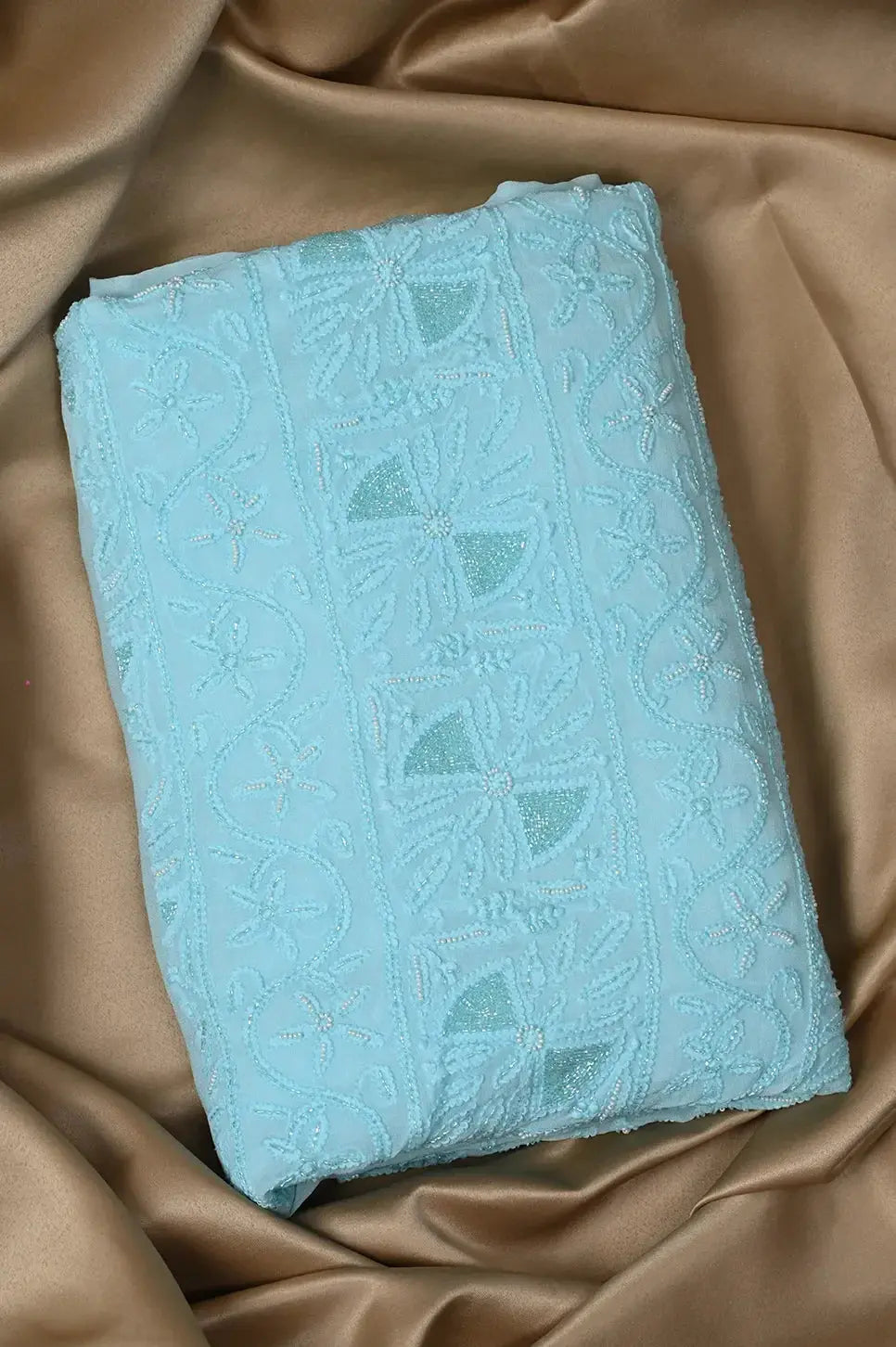 Viscose Length with Dupatta - Cyan Blue - Lucknawi Chikankari