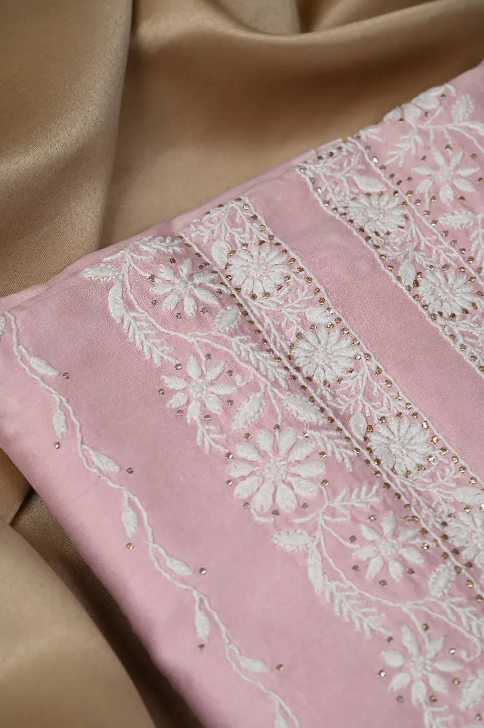 Chanderi Length Mukaish with Dupatta - Pale Pink: adorned with Authentic Lucknawi Chikankari Details