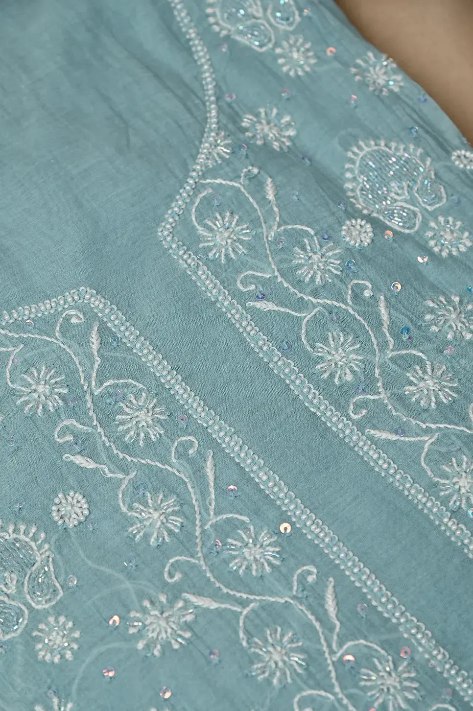 Mul Chanderi Anarkali - Blue - Lucknawi Chikankari