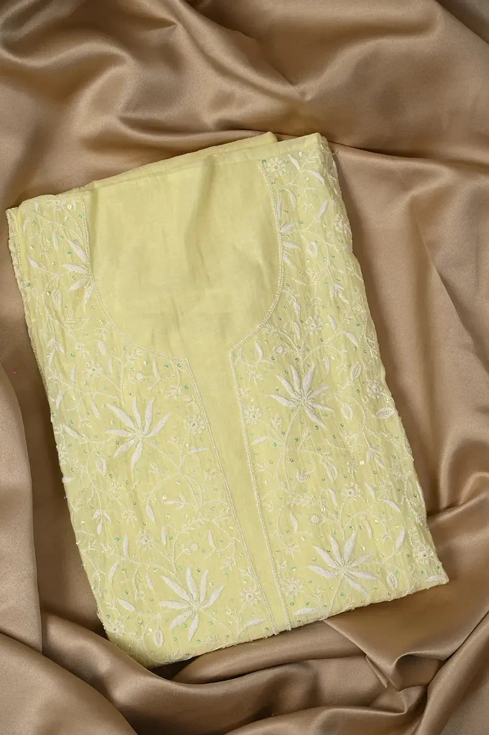 Mul Chanderi Anarkali - Lemon Yellow - Lucknawi Chikankari