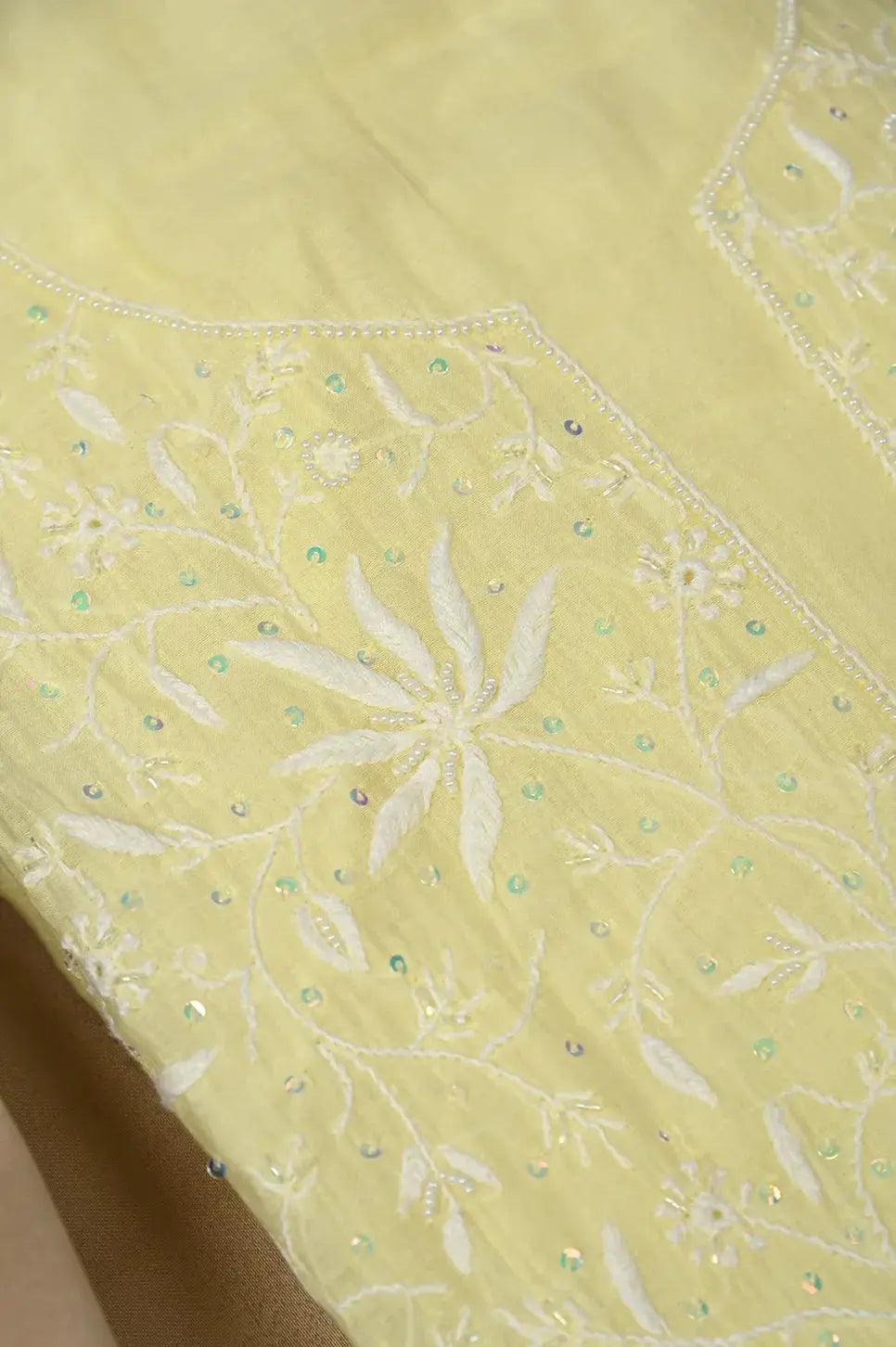 Mul Chanderi Anarkali - Lemon Yellow - Lucknawi Chikankari