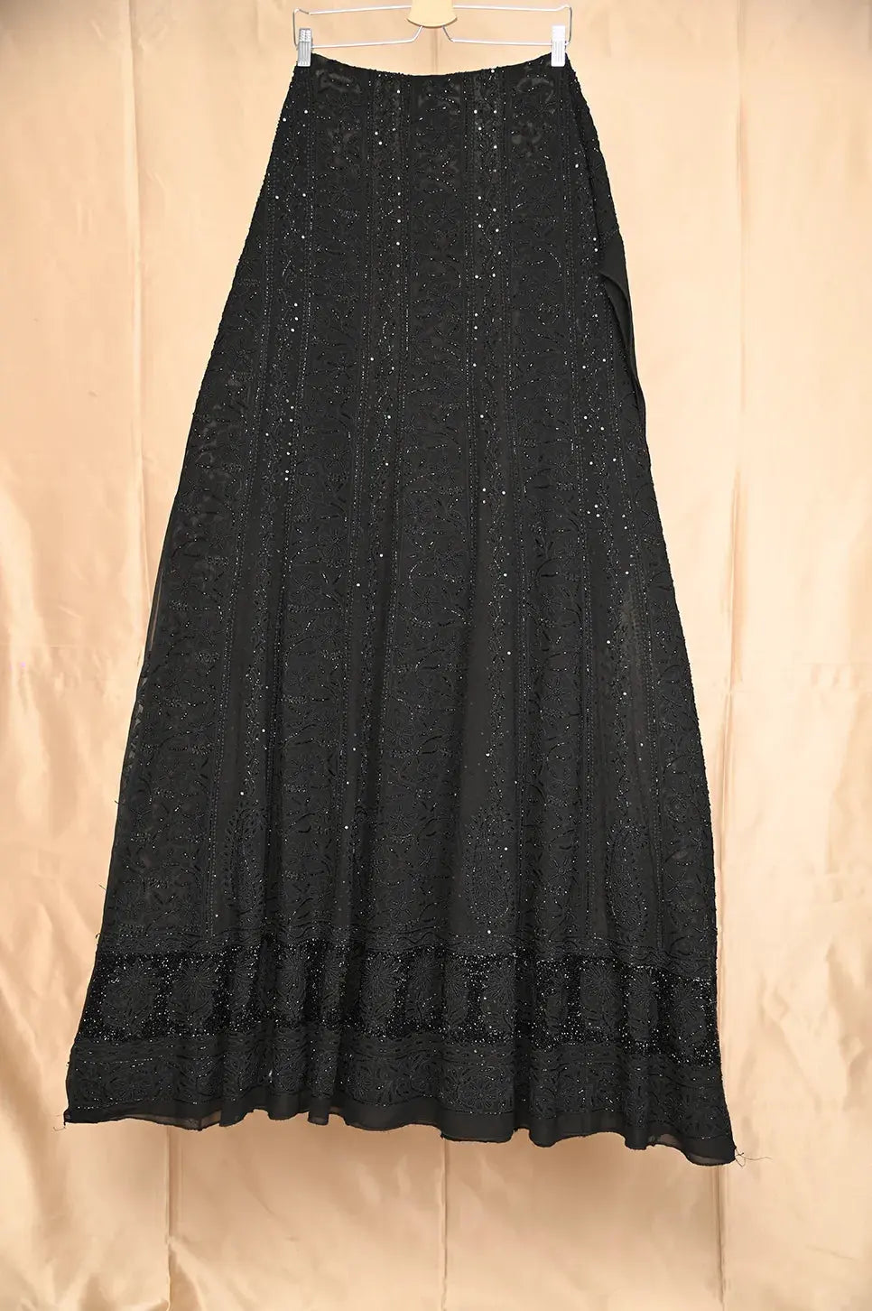 Viscose Anarkali - Semi Stitched - Pearl Work - Black - Lucknawi Chikankari