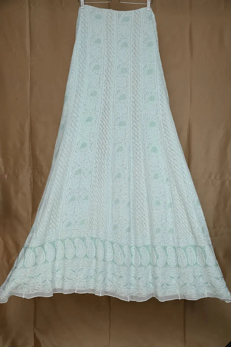 Viscose Anarkali - Semi Stitched - Pearl Work - Cyan Green - Lucknawi Chikankari