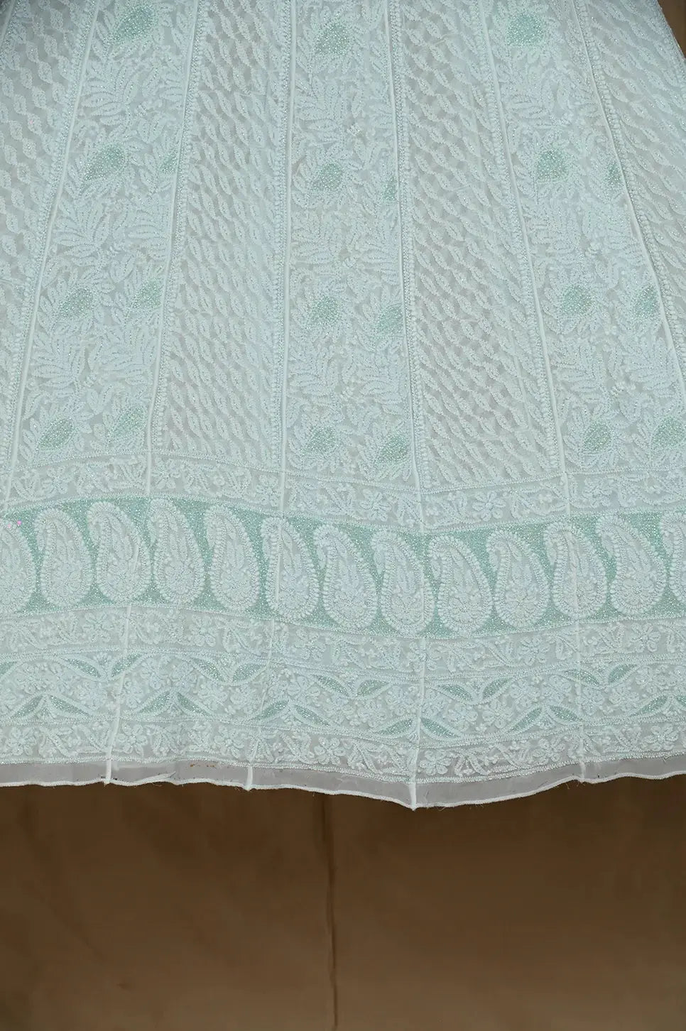 Viscose Anarkali - Semi Stitched - Pearl Work - Cyan Green - Lucknawi Chikankari