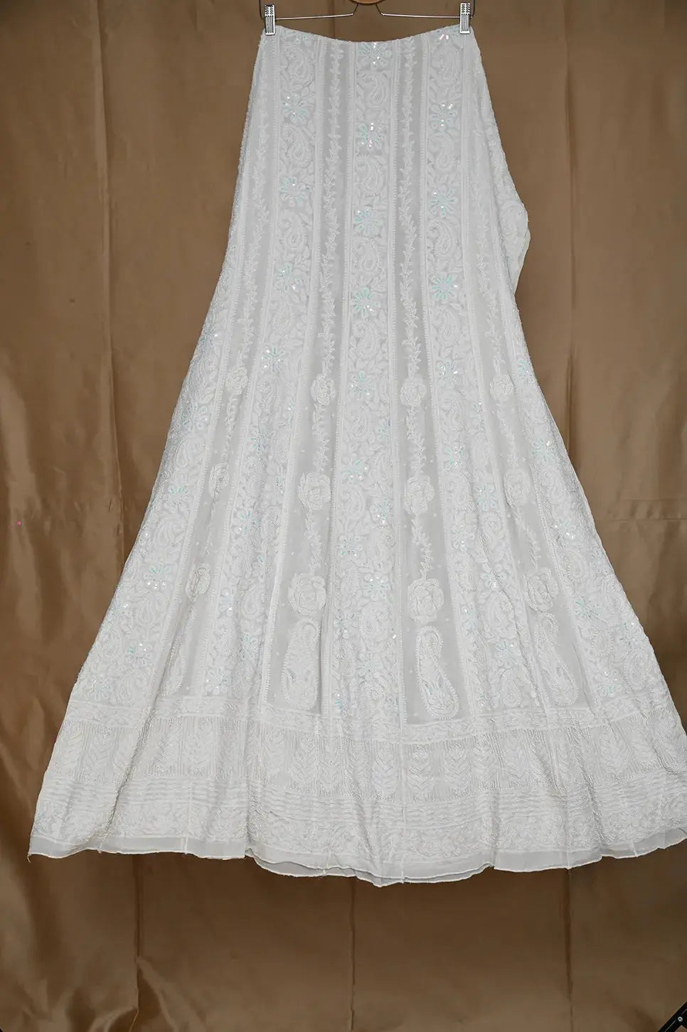 Viscose Anarkali - Semi Stitched - Pearl Work - White - Lucknawi Chikankari