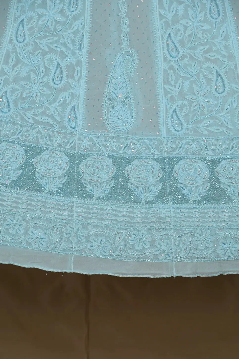 Viscose Anarkali - Semi Stitched - Pearl Work - Cyan Blue - Lucknawi Chikankari