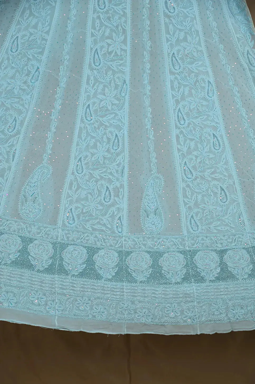 Viscose Anarkali - Semi Stitched - Pearl Work - Cyan Blue - Lucknawi Chikankari