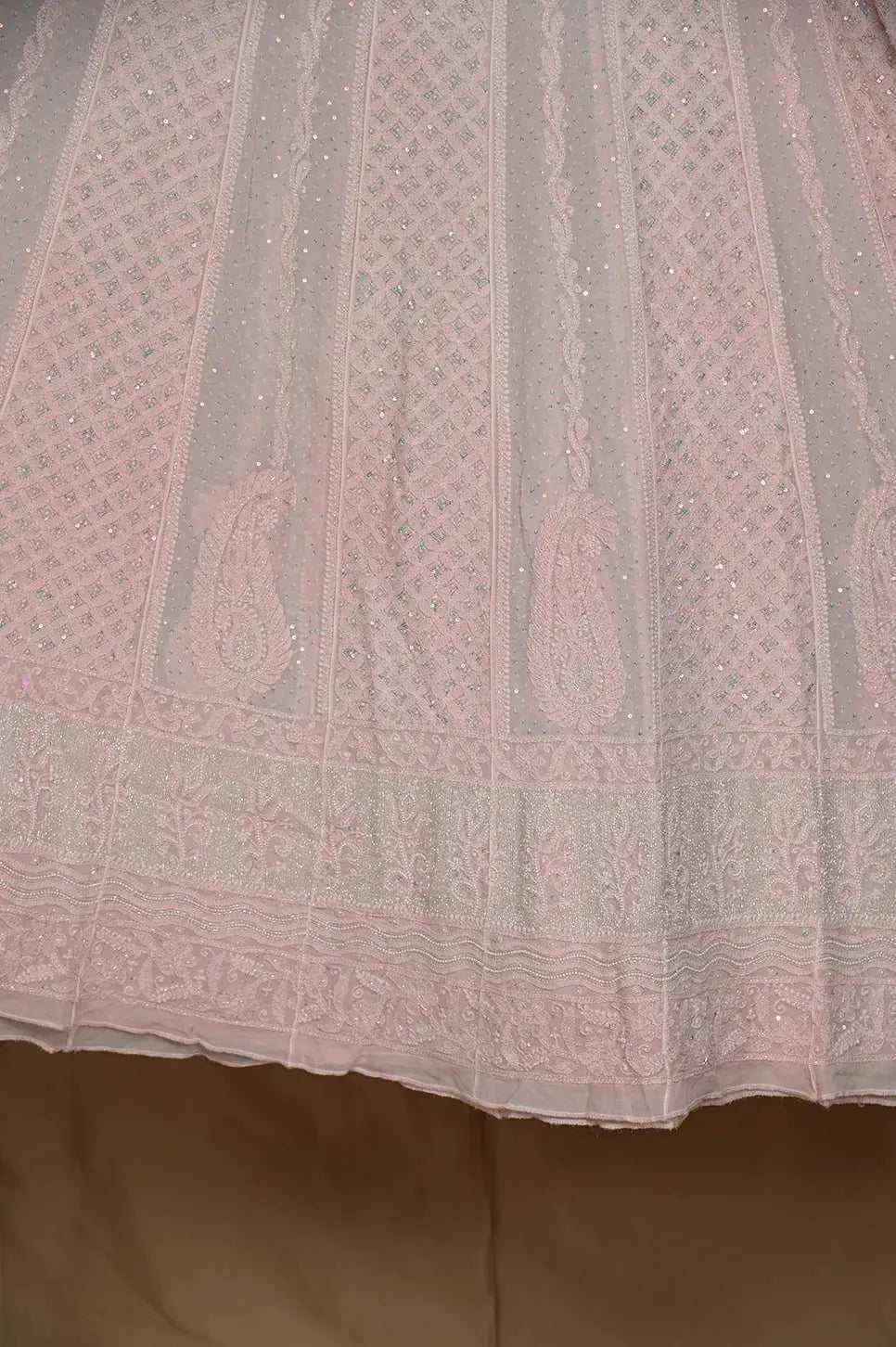 Viscose Anarkali - Semi Stitched - Pearl Work - Pale Pink - Lucknawi Chikankari